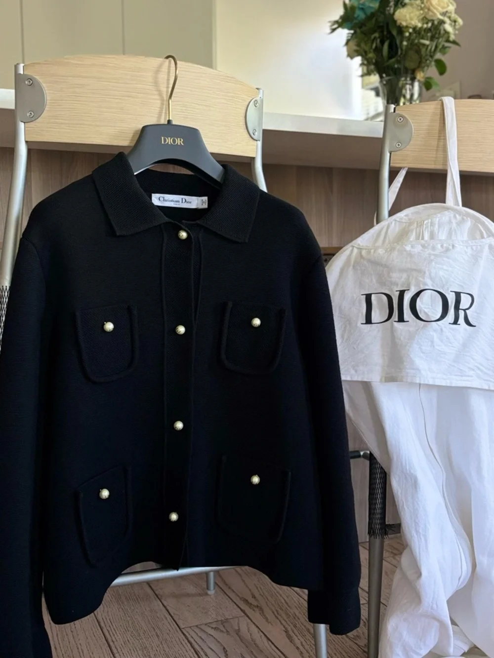 Dior Black Knit Collared Jacket with Pearl Button